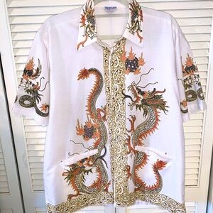 Vintage Batik short sleeve button up dragon shirt Men’s large White and orange